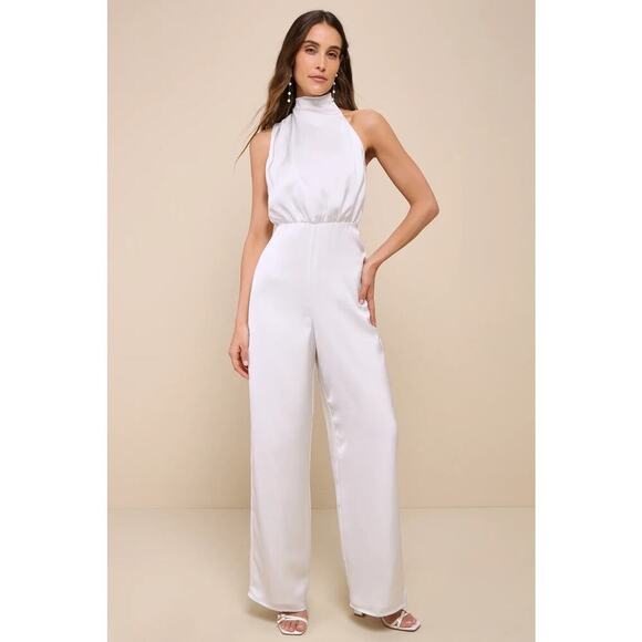Lulus Stunning Promise White Satin Asymmetrical Wide-Leg Jumpsuit Size Large - Picture 1 of 14